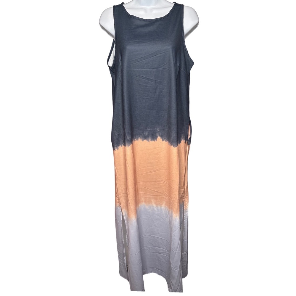 Womens Black‎ Orange Gray Sleeveless Maxi Dress Sz S Dip Dye Boho-Chic Flowy